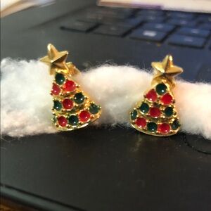 Avon Gold Christmas Tree Clip On Earrings with Red and Green Accents